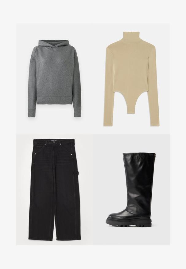 Grå hættetrøje lavet af et blødt, tekstureret stof. Har en justerbar hætte, lange ærmer, og en let cropped, afslappet pasform.; Beige langærmet turtleneck top i glat stof, med en udskåret bund, der har en tætsiddende facon og minimalisk design.; RE/DONE PAINTER JEAN - Jeans Relaxed Fit - crafted black; Sort læder knæhøj støvle med en rund tå, kraftig gummisål og en lynlås på siden til lukning. Glat tekstur med minimal detaljer.