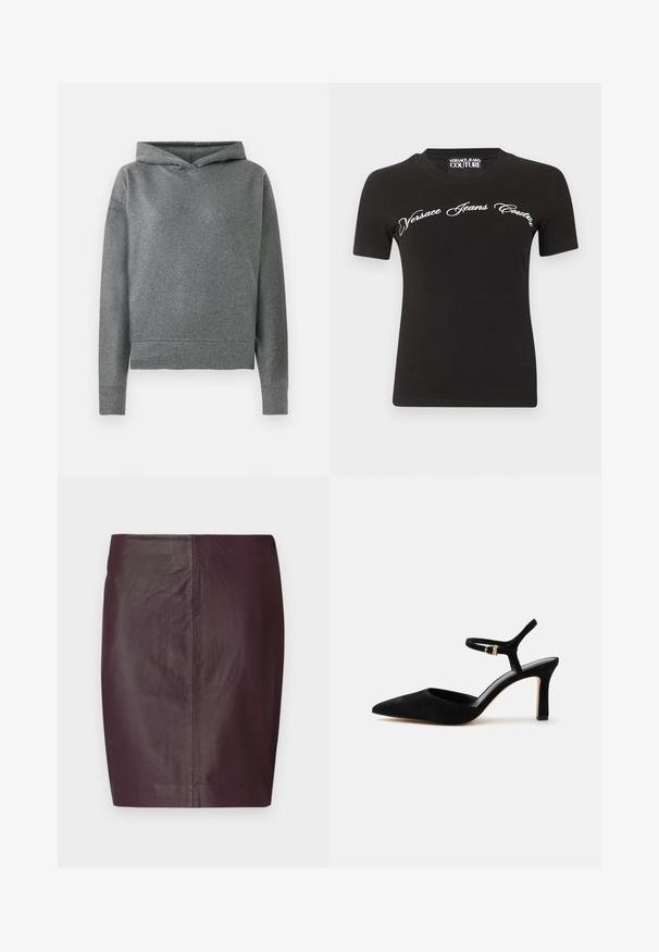 Grå hættetrøje lavet af et blødt, tekstureret stof. Har en justerbar hætte, lange ærmer, og en let cropped, afslappet pasform.; Sort t-shirt med korte ærmer med "Versace Jeans Couture" i hvid kursiv tekst hen over brystet og matchende mærke med mærket inde i halsudskæringen.; Mørk burgunder læder nederdel med en glat overflade, tætsiddende design og en lige silhuet. Karakteriseret ved minimale sømme og ingen synligt hardware.; Sort ruskind højhælet sko med spids tå og tynd ankelrem med lille guldbæltespænde.