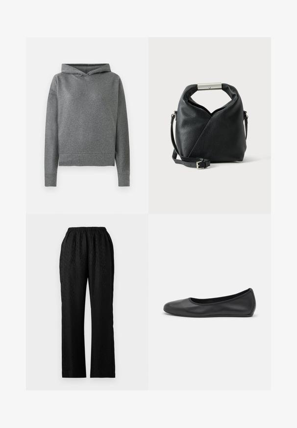 Grauer Hoodie aus einem weichen, strukturierten Stoff. Besitzt eine Kapuze mit Kordelzug, lange Ärmel und einen leicht verkürzten, lockeren Sitz.; Schwarze Hose mit elastischem Bund und strukturiertem Design, das ein dezentes Muster aufweist, gerade Beinform und einem leichten Stoff.; Schwarze Leder-Ballettschuhe mit abgerundeter Spitze, glatter Textur, minimalen Nähdetails und einem flexiblen Sohlen-Design.; Schwarze strukturierte Lederhandtasche mit gerolltem Griff, der eine silberne Metallstange und einen verstellbaren Schulterriemen mit Schnalle aufweist.