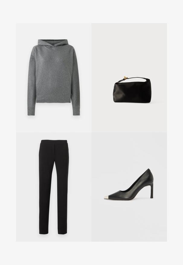 Hoodie gris fabriqué à partir d'un tissu doux et texturé. Il présente une capuche avec cordon de serrage, des manches longues et une coupe légèrement courte et décontractée.; Pantalon noir slim fit avec un devant plat et sans poches visibles, présenté sur un fond blanc.; Chaussure à talon haut en cuir noir avec bout pointu et capuchon argenté métallique. Présente une finition lisse et un talon fin de 10 cm.; Pochette en satin noir avec une forme arrondie, une anse supérieure et un fermoir en doré. Texture lisse avec un design minimaliste.