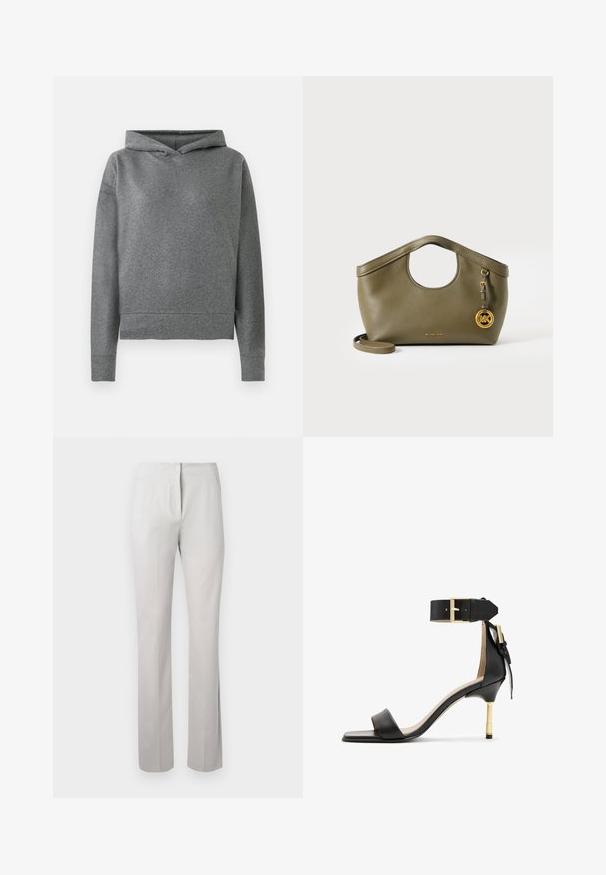 Grijze hoodie gemaakt van een zachte, gestructureerde stof. Beschikt over een capuchon met trekkoord, lange mouwen en een iets verkorte, losse pasvorm.; Lichtgrijze, op maat gemaakte broek met een gladde textuur, rechte pijpen en een gemiddelde taillehoogte. Voorzien van een ritssluiting aan de voorkant en zijzakken.; Zwarte leren sandalen met hak en vierkante neus, enkelband met een gouden gesp en een slanke metalen hak. Soepele textuur, minimalistisch ontwerp.; Olijfgroene leren handtas met ronde uitsnede in het handvat, gouden MK-logo hanger en afneembare schouderriem op een witte achtergrond.