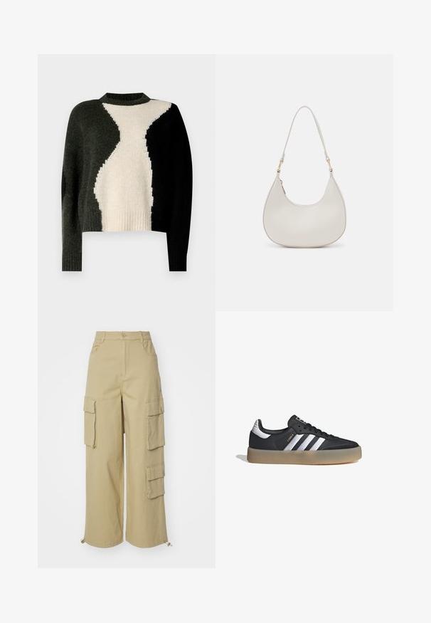 Suéter de punto con un diseño de bloques de color en negro, verde oscuro y crema. Cuello redondo y dobladillo acanalado. Textura suave, ajuste relajado.; Pantalones cargo beige con piernas anchas, dos bolsillos laterales grandes, bolsillos frontales y un detalle de cordón en el dobladillo. Tejido de mezcla de algodón.; Zapatilla deportiva de cuero negro con tres rayas plateadas, punta texturizada y suela de goma. Cuenta con un collar acolchado y un diseño con cordones.; Bolso de hombro de cuero crema con forma de media luna, correa delgada y sutil detalle de costuras. Diseño minimalista con acentos de hardware en tono dorado.