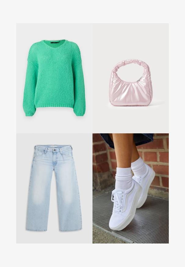 Pull en mailles épaisses vert menthe avec un col en V, des manches longues et une texture douce. Présente une coupe décontractée et des poignets côtelés.; Jean large bleu clair en denim. Présente une coupe droite, un design à cinq poches et une fermeture par bouton à la taille.; Baskets en toile blanches avec semelles en caoutchouc, dotées de six œillets, d'un bout rond et de détails de couture légers, portées avec des chaussettes blanches mi-mollet.; Sac à main rose rembourré avec un design arrondi, fabriqué à partir d'un matériau brillant. Dispose d'une poignée froncée et d'une fermeture éclair pour un accès sécurisé.