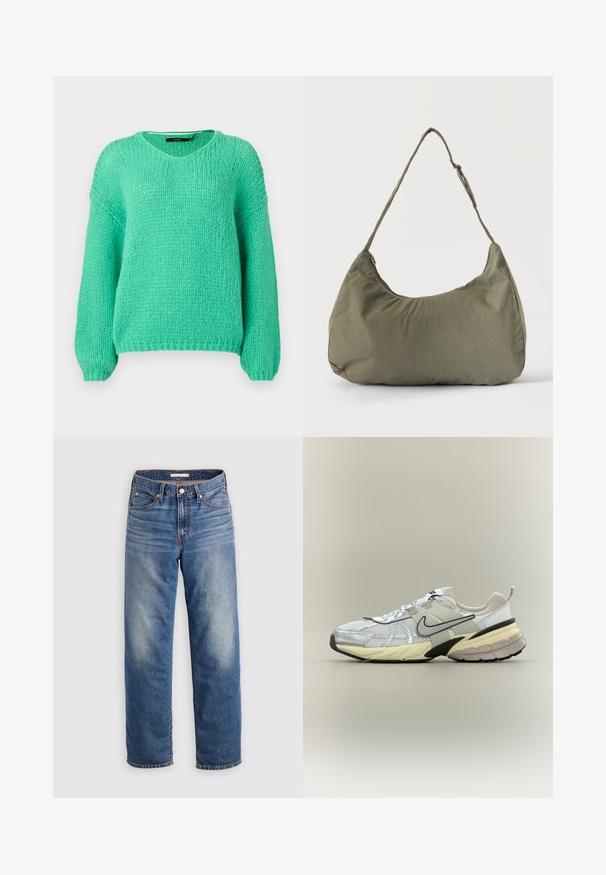 Suéter de punto grueso en verde menta, con escote en V, mangas largas y una textura suave. Cuenta con un corte relajado y puños de canalé.; Vaqueros de mezclilla azul claro con un diseño de pierna recta, que cuentan con bragueta de botones, bolsillos delanteros y un sutil desgaste cerca del área del muslo.; Zapatilla Nike blanca y gris con parte superior de malla, logo swoosh negro, entresuela beige y suela negra sobre un fondo claro.; Bolso de hombro de tela suave color verde oliva con cierre de cremallera y correa ajustable sobre un fondo liso y claro.