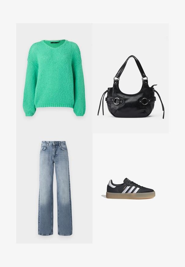 Suéter de punto grueso en verde menta, con escote en V, mangas largas y una textura suave. Cuenta con un corte relajado y puños de canalé.; Jeans de mezclilla azul de pierna ancha con un lavado claro, cierre de cremallera, diseño de cinco bolsillos y un ligero desgaste cerca de los tobillos.; Zapatilla deportiva de cuero negro con tres rayas plateadas, punta texturizada y suela de goma. Cuenta con un collar acolchado y un diseño con cordones.; Bolso de cuero negro con forma redondeada, que cuenta con dos hebillas laterales, textura suave y una correa corta para el hombro. Los detalles incluyen borlas laterales.
