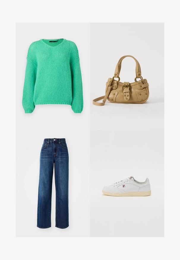 Pull en mailles épaisses vert menthe avec un col en V, des manches longues et une texture douce. Présente une coupe décontractée et des poignets côtelés.; Jeans en denim bleu foncé avec une taille haute, un design à jambes larges, des poches avant et arrière, et une légère décoloration. Quincaillerie en métal sur la taille.; Baskets en cuir blanc au design basse, semelle en caoutchouc crème, et des détails de couture subtils. Présente un petit logo près des lacets.; Sac à main en cuir beige avec double poignées, boucle en laiton et détails rivetés, ainsi qu'une bandoulière réglable sur fond blanc.