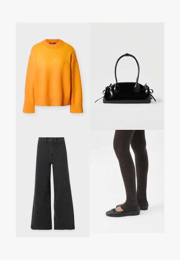 Pull oversize orange avec un col et des poignets côtelés, présentant une texture douce et une coupe décontractée, des coutures minimales et un ourlet droit.; Jean noir taille haute à jambes larges avec poches plaquées devant et fermeture à double bouton.; Jambes portant des leggings côtelés foncés associés à des ballerines noires avec de petits détails en nœud sur fond blanc.; Petit sac à main noir brillant avec deux longues anses et des détails à cordon sur les côtés sur un fond clair uni.