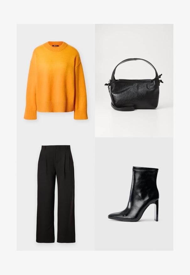 Pull oversize orange avec un col et des poignets côtelés, présentant une texture douce et une coupe décontractée, des coutures minimales et un ourlet droit.; Pantalon noir taille haute à jambe droite avec plis à l'avant et passants pour ceinture, présenté sur un fond blanc uni.; Bottine en cuir noir avec un bout pointu et un talon transparent haut. Texture lisse et finition minimaliste sur le dessus.; Sac à main en cuir noir au design structuré, avec une poignée arrondie et une bandoulière amovible. Présente une texture lisse et un éclat subtil.