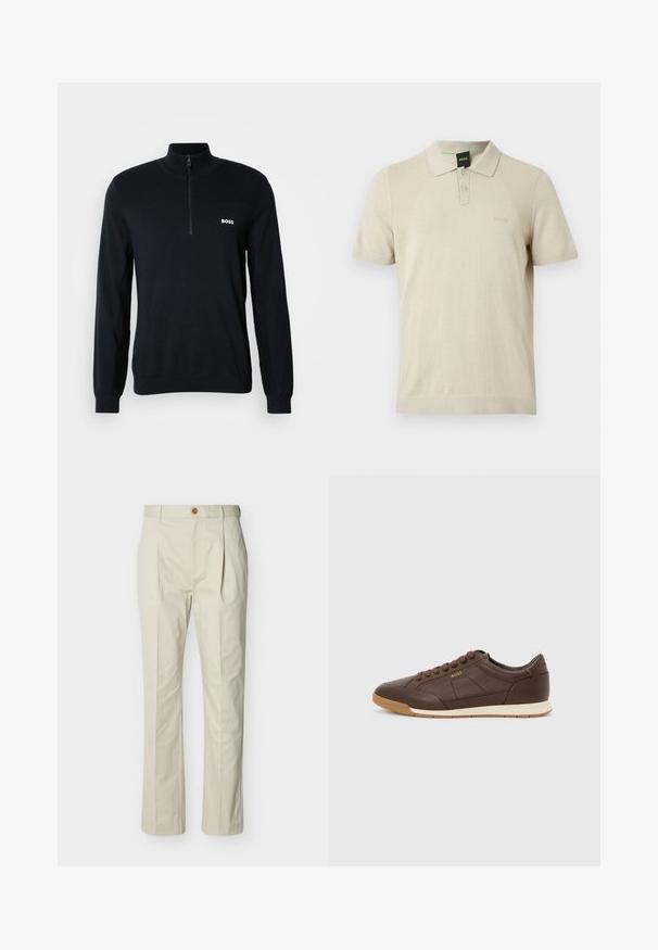 Marineblauer Pullover mit hohem Kragen und halbem Reißverschluss. Das Material ist weich und hat eine strukturierte Oberfläche. Auf der Brust befindet sich ein kleines weißes "BOSS"-Logo.; Beige Polohemd mit kurzen Ärmeln, zwei Knöpfen, strukturierten Seitenpanelen und dezentem, geprägtem BOSS-Logo auf der linken Brust.; Beige maßgeschneiderte Baumwollhose mit Bügelfalten, Knopfverschluss, geraden Beinen und glatter Struktur.; Brauner Leder-Sneaker in niedriger Ausführung mit Gummisohle, Schnürverschluss und "BOSS"-Logo an der Seite vor schlichtem hellem Hintergrund.