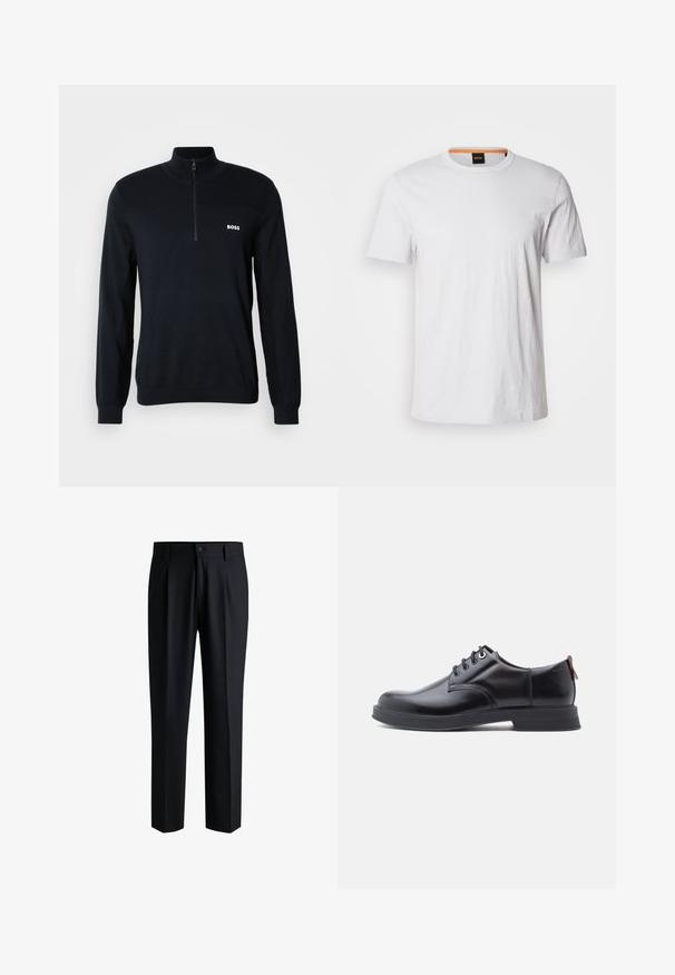 Marineblå sweater med høj krave og halv lynlås. Materialet er blødt med en struktureret overflade. Har et lille hvidt "BOSS" logo på brystet.; Hvid kortærmet t-shirt lavet af blødt bomuld, med rund halsudskæring og subtil logo-detalje i matchende hvid på fronten.; Sorte bukser lavet af glat stof, med lige ben-design, plisseringer foran og knaplukning med bæltestropper.; Sorte snørestøvler i læder med glat tekstur, rundet tå og diskrete syningsdetaljer. Har en rød trækflig på hælen.