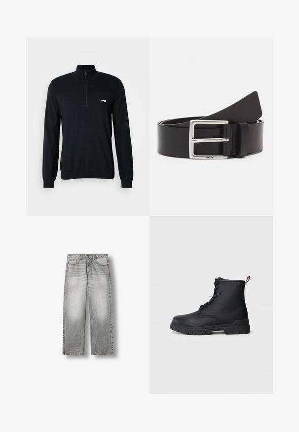 Marineblauer Pullover mit hohem Kragen und halbem Reißverschluss. Das Material ist weich und hat eine strukturierte Oberfläche. Auf der Brust befindet sich ein kleines weißes "BOSS"-Logo.; Grau ausgewaschene Straight-Leg-Jeans mit Vordertaschen, Gürtelschlaufen und Knopfverschluss auf weißem Hintergrund.; Schwarze Leder-Stiefelette mit Schnüroptik, dickem Gummisohle und roter Schlaufe am Absatz, vor einem schlichten, hellen Hintergrund gezeigt.; Schwarzer Ledergürtel mit einer rechteckigen silbernen Schnalle, verfügt über dezente Markenkennzeichnung und eine glatte Textur. Die Enden laufen zu einer abgerundeten Form zu.