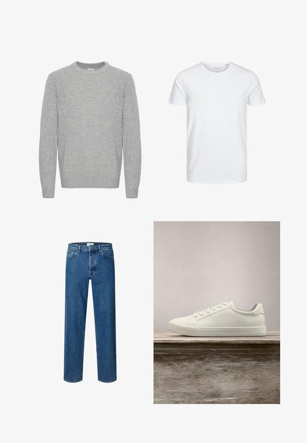 Lysegrå strikket sweater med rund hals og lange ærmer, med ribbet manchetter og kant, frontvendt på hvid baggrund.; Rundhals kortærmet t-shirt i ensfarvet hvid, lavet af blød bomuld, har et simpelt design uden synlige mønstre eller detaljer.; Blå straight-leg denim jeans med knap- og lynlåslukning, bæltestropper og fem-lomme-design.; Hvide snørresneakers svævende over en træbænk med grønne planter i baggrunden, der fremhæver skodesign og tekstur.