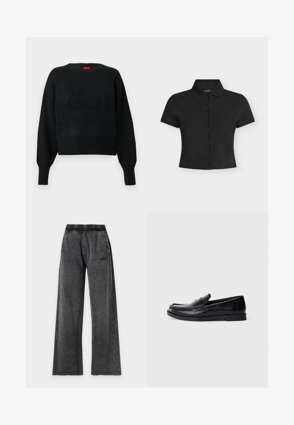 Pull court noir à texture côtelée avec un col rond, arborant un logo "HUGO" embossé sur le devant et des poignets côtelés.; Polo court noir à manches courtes avec col, boutonnage devant et nom de marque finement brodé sur la poitrine gauche.; Pantalon noir délavé, coupe ample, avec une ceinture élastique et des poches latérales, comportant une petite étiquette rectangulaire sur la cuisse droite.; Mocassins en cuir noir avec un design d'accent cousu, bout rond, semelle plate en caoutchouc et finition lisse. Silhouette classique et polyvalente.