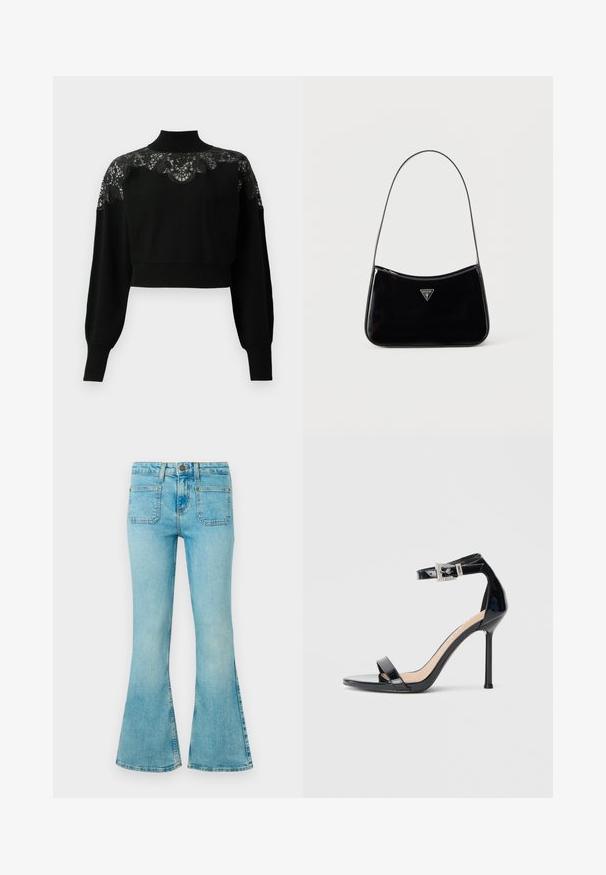Suéter negro corto con cuello alto, con detalles de encaje en los hombros y mangas largas. Tejido de punto suave.; Jeans de campana de color azul claro, hechos de mezclilla, con una cintura alta, cinco bolsillos y costuras visibles con un acabado desgastado.; Sandalia de tacón alto en piel sintética negra con correa en el tobillo. Presenta un diseño minimalista, punta abierta y una hebilla con detalles de pedrería.; Bolso de hombro de charol negro con correa delgada, logotipo triangular de Guess en el frente y cierre superior con cremallera.