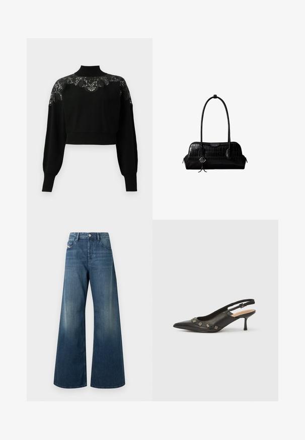 Suéter negro corto con cuello alto, con detalles de encaje en los hombros y mangas largas. Tejido de punto suave.; Jeans de piernas anchas en denim azul oscuro, con un acabado desgastado, diseño tradicional de cinco bolsillos y cierre con botón de metal en la cintura.; Zapato de tacón con talón descubierto en piel negra, punta puntiaguda, tacón pequeño y detalles metálicos decorativos a lo largo de la abertura frontal. Textura lisa.; Bolso de hombro negro de cuero con textura de cocodrilo, con correas largas y un pequeño colgante de logo plateado en una correa.