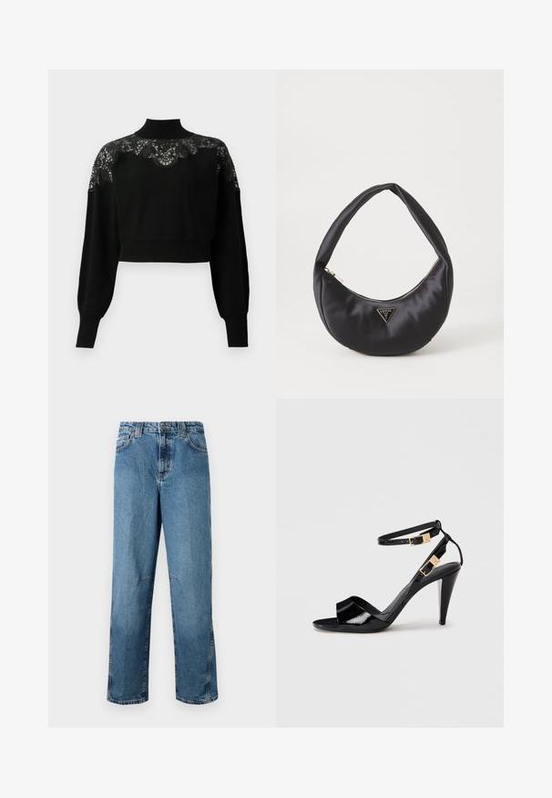 Suéter negro corto con cuello alto, con detalles de encaje en los hombros y mangas largas. Tejido de punto suave.; Jeans de denim de color azul claro con corte recto, con bolsillos cosidos, cierre de botón en el frente y un desvanecimiento mínimo en la tela.; Sандalia de tacón alto de charol negro con dobles correas en el tobillo y hebillas doradas, punta abierta y tacón delgado y afilado sobre un fondo neutro.; Bolso de satén negro con forma curva, que cuenta con un cierre de cremallera y un logo triangular en metal en la parte delantera. Textura suave y diseño elegante.