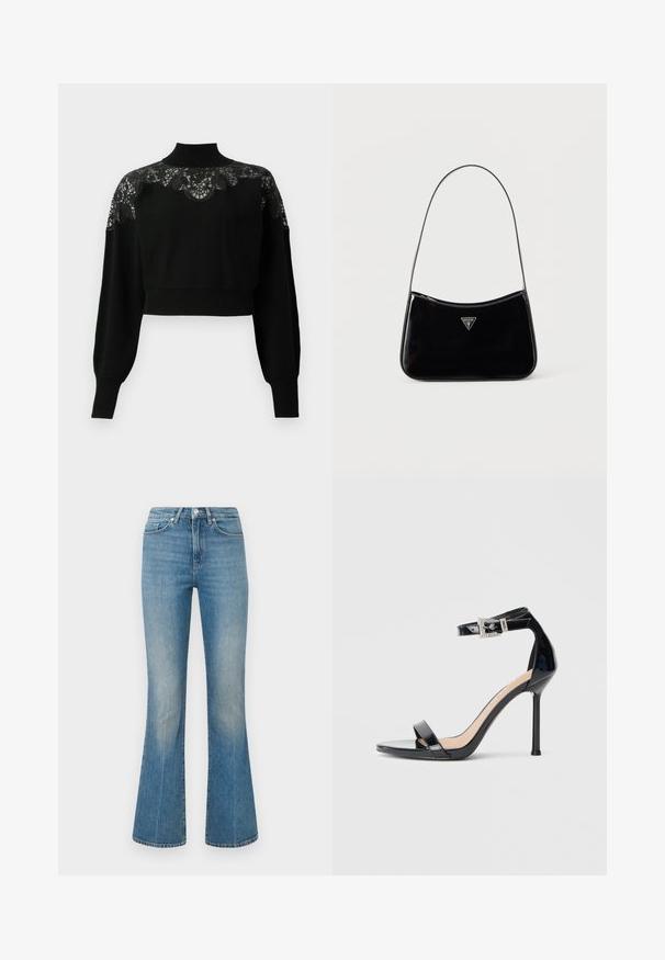 Pull court noir avec col montant, doté de détails en dentelle sur les épaules et de manches longues. Étoffe en tricot doux.; Jean évasé bleu clair en denim. Il présente une taille avec un bouton et un délavage, se rétrécissant vers un large ourlet au niveau de la cheville.; Sandale à talon haut en cuir verni noir avec bride à la cheville. Présente un design minimaliste, un bout ouvert et une boucle ornée de strass.; Sac à bandoulière en cuir verni noir avec une sangle fine, logo triangulaire Guess sur le devant et une fermeture éclair supérieure.