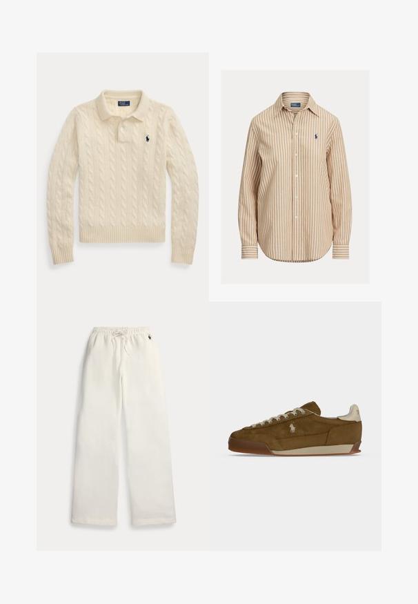 Cremefarbener, kabelgestrickter Langarm-Polopullover mit gerippten Bündchen und Saum, mit einem dunkelblau bestickten Logo auf der Brust.; Gestreiftes Hemd mit Knöpfen, Muster in Khaki und Weiß, lange Ärmel, spitzer Kragen und kleinem Logo auf der linken Brust. Baumwollstoff.; Weiße Sweatpants mit weitem Bein, elastischem Bund, Kordelzug, seitlichen Taschen und kleinem marineblauem Logo nahe der rechten Tasche.; Brauner Wildleder-Sneaker mit cremefarbenen Schnürsenkeln, dicker Sohle und kleinem weißem gesticktem Logo an der Seite.