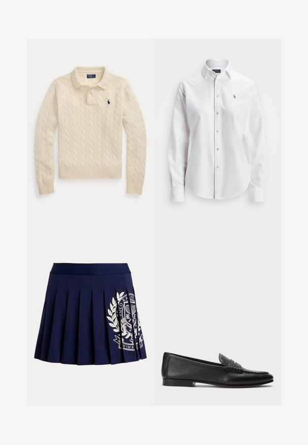 Jersey tipo polo de punto con trenzas en color crema, manga larga con puños y dobladillo acanalados, con un logotipo bordado en azul marino en el pecho.; Camisa de botones de manga larga blanca hecha de algodón, con un cuello clásico y un pequeño logo bordado en el pecho.; Falda plisada azul marino con cinturilla ancha y logotipo blanco con escudo temático de tenis en el lado inferior derecho.; Mocasin de cuero negro con acabado texturizado, que cuenta con una correa decorativa y tacón plano. Diseño elegante y minimalista con punta redondeada.