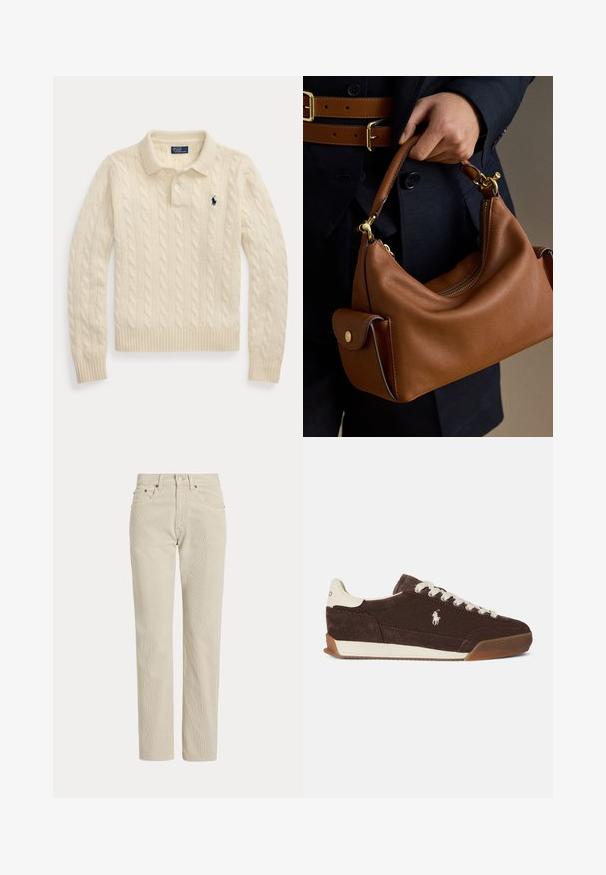 Cremefarbener, kabelgestrickter Langarm-Polopullover mit gerippten Bündchen und Saum, mit einem dunkelblau bestickten Logo auf der Brust.; Beige Cordhose mit geradem Bein, Gürtelschlaufen, Vorderknopf, Reißverschluss und Fronttaschen.; Brauner Wildleder-Sneaker mit weißen Schnürsenkeln, kontrastierender weißer Ferse, Gummisohle und einem aufgestickten Logo an der Seite. Klassisches Low-Top-Design.; Hand hält eine braune Lederhandtasche mit goldenen Beschlägen, getragen zu einem dunklen Outfit mit einem doppelten braunen Gürtel.