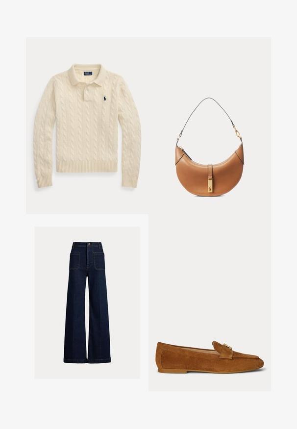 Cremefarbener, kabelgestrickter Langarm-Polopullover mit gerippten Bündchen und Saum, mit einem dunkelblau bestickten Logo auf der Brust.; Dunkelblaue Jeans mit weitem Bein, vorderen aufgesetzten Taschen, Gürtelschlaufen und Knopfverschluss auf hellem einfarbigem Hintergrund.; Brauner Wildleder-Loafer mit einem goldfarbenen Metallschnallendetail oben und einer flachen Absatzsohle.; Braune halbmondförmige Lederhandtasche mit kurzem Tragegriff und goldfarbenem rechteckigem Anhänger mit Pferdelogo am vorderen Verschluss.