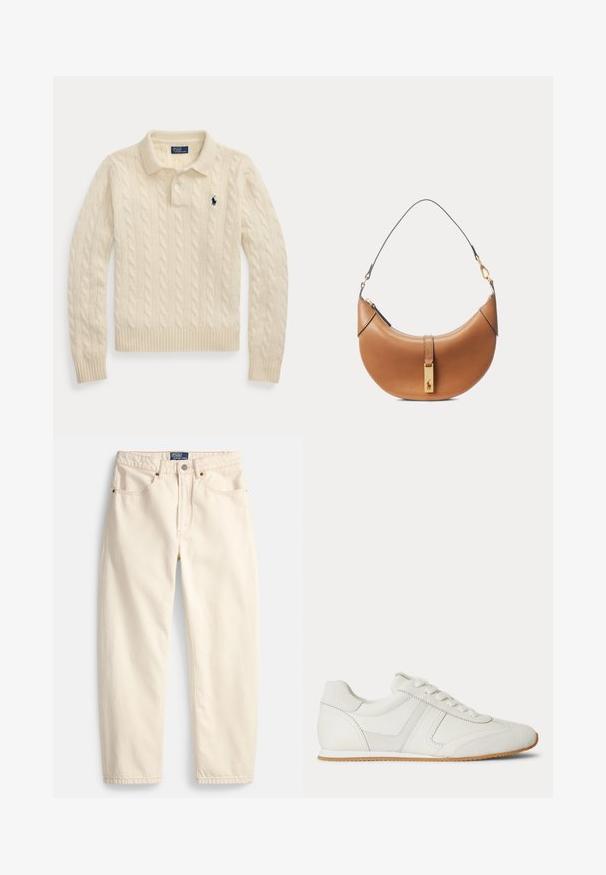 Creme farvet kabelstrikket polo sweater med lange ærmer, ribstrikkede manchetter og kant, med en mørkeblå broderet logo på brystet.; Jeans i cremefarve lavet af denim med lige ben, forlommer og detaljer med overlock-syning. Lukning med metalknap og lynlås.; Hvid lavtop sneaker med snørelukning foran, ruskind- og læderpaneler og en lysebrun gummisål på en hvid baggrund.; Brun lædertaske i halvmåneform med kort strop og guldfarvet rektangulært vedhæng med en hestelogo på frontlåsen.