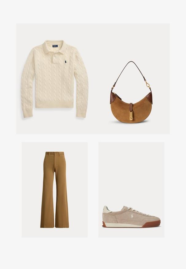 Creme farvet kabelstrikket polo sweater med lange ærmer, ribstrikkede manchetter og kant, med en mørkeblå broderet logo på brystet.; Brune højtaljede viddebukser med bæltestropper, forreste knap og lynlås lukning mod en lys baggrund.; Beige ruskind lavtop sneaker med hvide snørebånd, hvidt logo på siden og brun gummisål.; Brun ruskind halv-måne taske med mørkebrune læderdetaljer, guldfarvet hardware og kort skulderrem.
