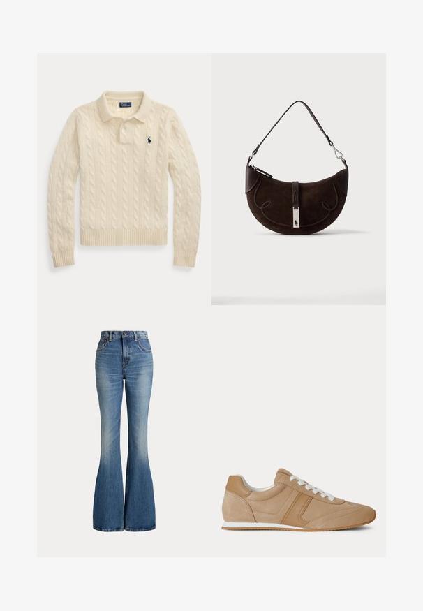 Cremefarbener, kabelgestrickter Langarm-Polopullover mit gerippten Bündchen und Saum, mit einem dunkelblau bestickten Logo auf der Brust.; Hoch taillierte blaue Denim-Jeans mit ausgestellten Beinen und leichtem Verblassen im vorderen Oberschenkelbereich, vor weißem Hintergrund gezeigt.; Hellbrauner Veloursleder- und Ledersneaker in niedriger Ausführung mit weißen Schnürsenkeln und weißer Gummisohle, von der Seite auf weißem Hintergrund gezeigt.; Dunkelbraune halbmondförmige Wildlederhandtasche mit geflochtenem Besatz, Lederriemen und einem silbernen Verschluss mit kleinem Pferdelogo.