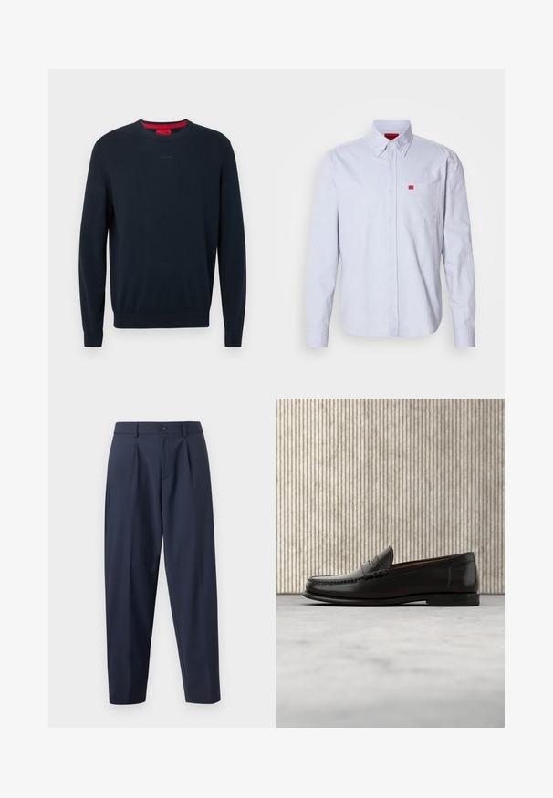 Pull ras du cou bleu marine en tissu doux. Comprend des manches longues, des poignets côtelés, et un petit logo embossé sur le devant.; Chemise bleu clair boutonnée, en tissu à texture lisse. Comprend un petit logo rouge sur la poche poitrine et un col à boutons.; Pantalons ajustés bleu marine avec plis, en tissu lisse. Dotés d'une fermeture à bouton et d'une coupe fuselée.; Mocassin penny en cuir noir avec talon bas, bout arrondi et détails cousus à l'avant et sur les côtés, présenté sur un fond neutre.