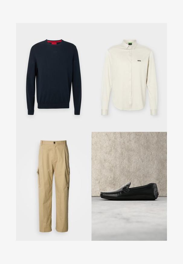 Pull ras du cou bleu marine en tissu doux. Comprend des manches longues, des poignets côtelés, et un petit logo embossé sur le devant.; Chemise blanche à manches longues avec col, logo noir "BOSS" sur le côté gauche de la poitrine, et poignets à boutons, présentée sur un fond uni.; Pantalon cargo beige en tissu résistant, avec une coupe décontractée, des poches latérales et une fermeture par bouton à la taille.; Mocassins en cuir noir avec une finition brillante, bout rond et quincaillerie décorative à l'avant. Semelle en caoutchouc à profil bas. Texture lisse.
