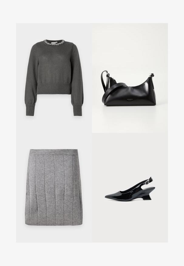 Pull en maille gris foncé avec des manches longues et un détail décoratif en perles au niveau de l'encolure.; Object OBJTHESS - Minijupe - medium grey; Chaussure slingback en cuir verni noir avec bout pointu et petit talon bloc incliné sur fond clair uni.; Sac à main en cuir noir avec une texture lisse. Dispose d'une bandoulière adjustable et d'un design élégant et minimaliste avec une fermeture éclair.
