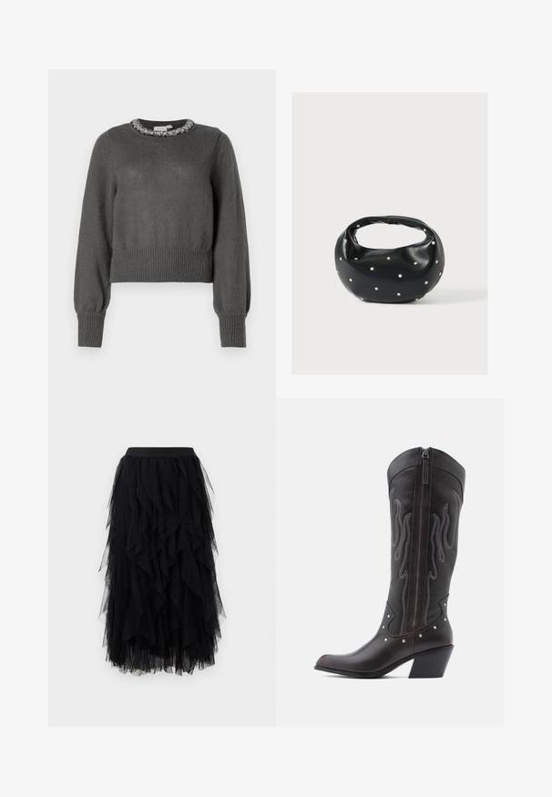 Pull en maille gris foncé avec des manches longues et un détail décoratif en perles au niveau de l'encolure.; Jupe midi en tulle noir à plusieurs couches avec une taille ajustée et un ourlet asymétrique à volants.; Bottes de cowboy en cuir marron avec surpiqûres en forme de flammes, fermeture éclair latérale, clous argentés, bout pointu et talon superposé.; Sac à main en cuir noir de forme arrondie, décoré de clous argentés et équipé d'une poignée courte. Texture lisse et fermeture éclair.