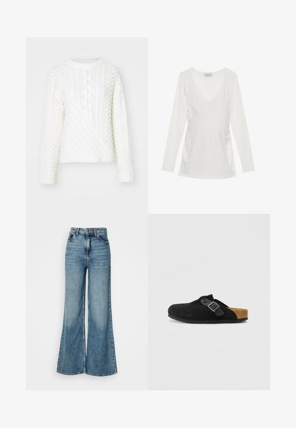 Hvid strikket sweater med et tekstureret kabelmønster, rund halsudskæring og lange ærmer. Designet inkluderer en diagonalt frontsektion.; Hvid langærmet top med V-hals, der har samlingdetaljer i siderne. Fremstillet af blødt, glat stof med et afslappet design.; Højtaljede, lyseblå, vide denim jeans med for-lommer og knaplukning, vist mod en simpel hvid baggrund.; Sort ruskind slip-on klip med justerbar sort spænde og formet kork-fodbund på en ensfarvet hvid baggrund.
