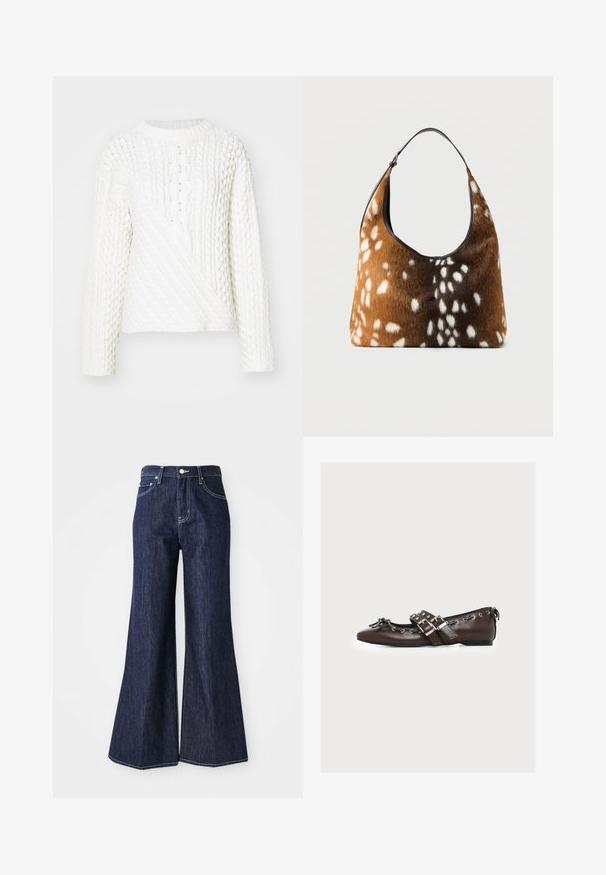 Hvid strikket sweater med et tekstureret kabelmønster, rund halsudskæring og lange ærmer. Designet inkluderer en diagonalt frontsektion.; Mørke denim flared jeans med høj talje, der har knap- og lynlåslukning. Hvide syninger og brede ben skaber en struktureret silhuet.; Brun læder flad sko med dobbelte sølvspænder, dekorative snørebånd langs kanterne og en lille sløjfe på den spidse tå.; Brun og sort håndtaske med hvid pletskindtekstur og en enkelt sort skulderrem på en ensfarvet baggrund.
