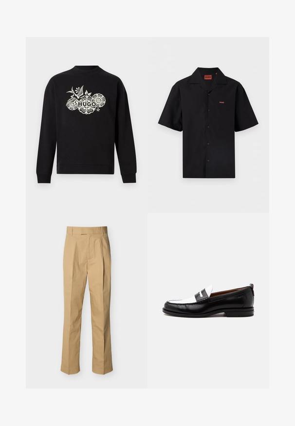 Sweat-shirt noir à manches longues avec motif floral blanc et texte "HUGO" en caractères gras au centre devant.; Chemise noire à manches courtes avec col de camp, petit logo rouge "HUGO" sur la poitrine gauche et à l'intérieur du col.; Pantalon beige en coton lisse à taille haute, avec des plis à l'avant et des jambes droites. Aucun équipement visible ni motifs.; Mocassin en cuir noir et blanc avec des détails cousus, un petit talon et un design slip-on, présenté de profil sur un fond uni.