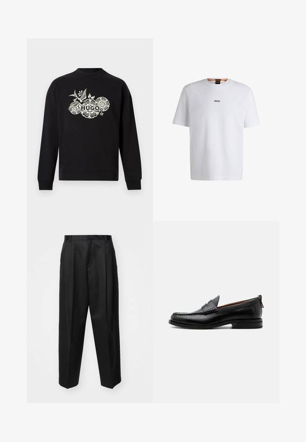 Sweat-shirt noir à manches longues avec motif floral blanc et texte "HUGO" en caractères gras au centre devant.; T-shirt en coton blanc à manches courtes, avec un logo noir "BOSS" centré sur la poitrine et un design à col rond.; Pantalon noir ajusté avec taille haute, jambes larges et plis marqués. Fabriqué dans un tissu lisse avec passants de ceinture et sans quincaillerie visible.; Mocassin homme en cuir noir avec couture moc toe, bride penny, col texturé et petit talon empilé sur fond blanc.