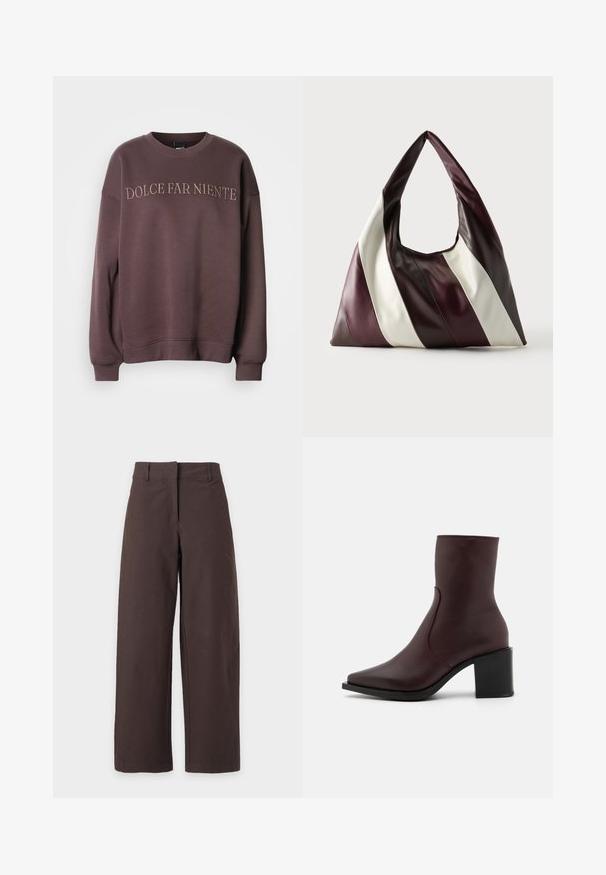 Sweatshirt mauve en mélange de coton, avec col rond et poignets côtelés, brodé de "DOLCE FAR NIENTE" sur la poitrine.; Pantalon marron à jambes droites avec passants pour ceinture et fermeture avant dissimulée, présenté sur un fond clair uni.; Zign by Zalando LEATHER - Bottines - bordeaux; Grand sac à main triangulaire en cuir avec de larges rayures diagonales marron foncé, bordeaux et crème sur un fond uni.