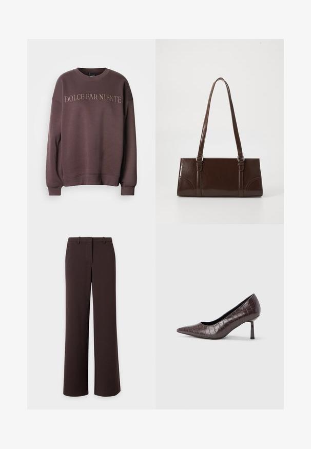 Sweatshirt mauve en mélange de coton, avec col rond et poignets côtelés, brodé de "DOLCE FAR NIENTE" sur la poitrine.; Pantalon large marron foncé avec passants pour ceinture et fermeture avant dissimulée, présenté à plat sur fond blanc.; Escarpins à bout pointu en similicuir marron avec une texture crocodile, dotés d’un talon fin et angulaire ainsi que d’une doublure intérieure lisse.; Sac à main en cuir verni marron de forme rectangulaire, avec deux longues poignées et des accents courbés subtils à l'avant.