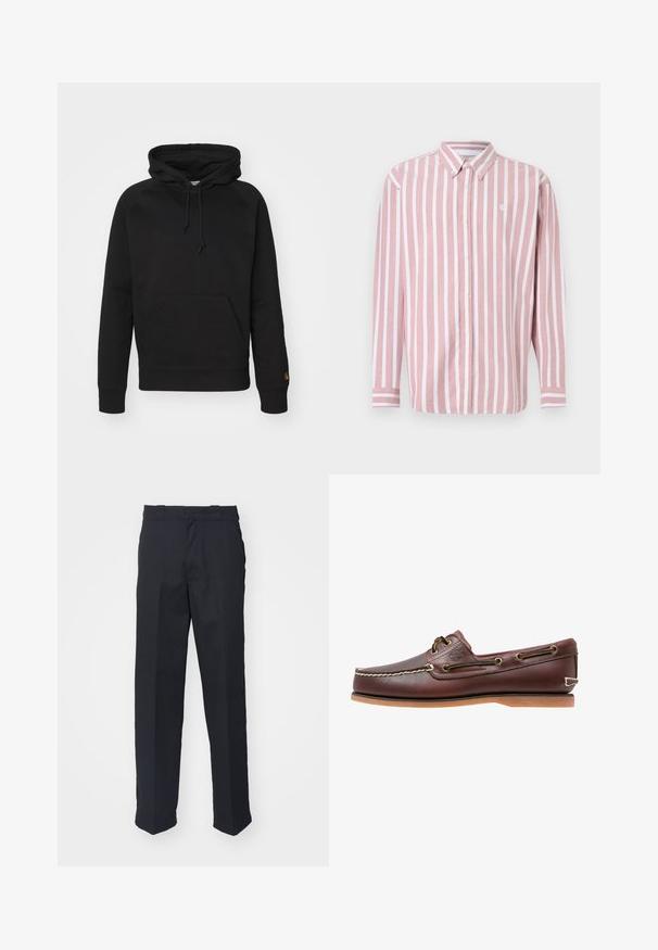 Sort hættejakke i blødt stof, med en frontlomme, justerbar snor og ribbede manchetter. Glat tekstur med minimal detaljer.; Stribet skjorte med knapper i pink og hvid. Har krave, lange ærmer og et lille logo. Fremstillet af vævet stof.; Sorte skræddersyede bukser med lige ben, fremstillet af glat stof, med et taljebånd med løkker og uden synlige mønstre eller hardware.; Brun læder bådsko med hvide sømme, snøre detaljer og lysbrun gummisål, vist fra siden på hvid baggrund.
