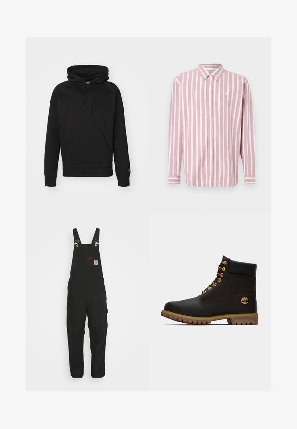 Haut à capuche noir en tissu doux, avec une poche avant, un cordon de serrage ajustable et des poignets côtelés. Texture lisse avec un minimalisme dans les détails.; Chemise à boutons rayée rose et blanche. Comprend un col, des manches longues et un petit logo. Fabriquée en tissu tissé.; Salopette en coton noir avec bretelles réglables, une poche avant avec un patch logo, et deux poches latérales, offrant une coupe décontractée.; Bottine noire en cuir avec œillets dorés, accents marron et semelle en caoutchouc. Comprend un col rembourré et un logo estampé sur le côté.