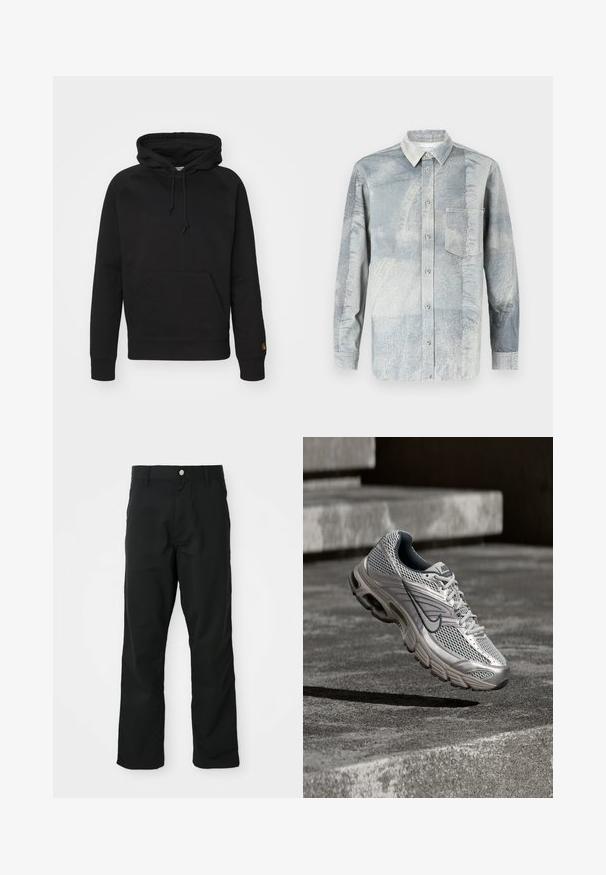 Sort hættejakke i blødt stof, med en frontlomme, justerbar snor og ribbede manchetter. Glat tekstur med minimal detaljer.; Knapp-up skjorte i lys blå med et struktureret mønster, der har krave, lange ærmer og en enkelt brystlomme.; Sorte lige bukser med knap- og lynlåslukning, bæltestropper og sidelommer, præsenteret mod en hvid baggrund.; Sølv- og grå Nike-løbesko svævende i luften over betontrin, der viser detaljer af netmaterialet øverst og den polstrede sål.