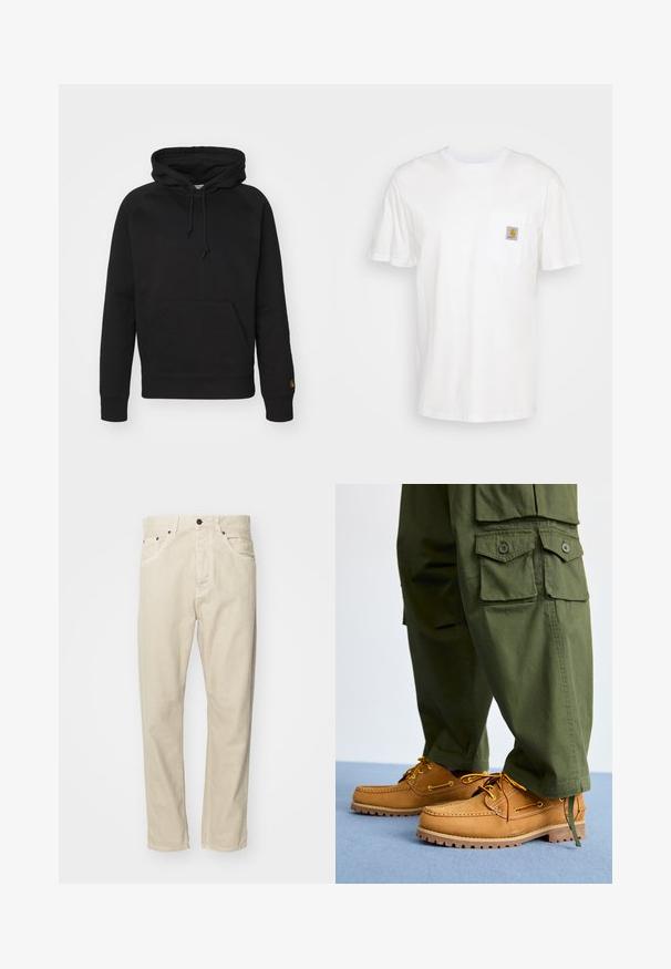 Sort hættejakke i blødt stof, med en frontlomme, justerbar snor og ribbede manchetter. Glat tekstur med minimal detaljer.; Hvid bomulds T-shirt med korte ærmer, en brystlomme, og et lille firkantet logo patch i orange og hvid på lommen.; Beige, bomuldsbukser med lige pasform, fem lommer og metalhardware detaljer. Glat tekstur med minimale syninger.; Timberland AUTHENTIC 3 EYE - Sejlersko - wheat