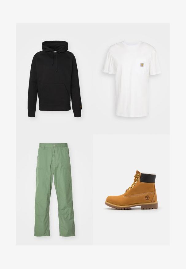 Sort hættejakke i blødt stof, med en frontlomme, justerbar snor og ribbede manchetter. Glat tekstur med minimal detaljer.; Hvid bomulds T-shirt med korte ærmer, en brystlomme, og et lille firkantet logo patch i orange og hvid på lommen.; Lysgrønne, afslappede bukser med en glat tekstur, der har sidelommer og synlige syninger. Hel længde med et lige ben-design.; Brune læder ankelstøvle med metaløjer, hvid pelsforing, sort polstret krave, robust sål og præget logo på siden.
