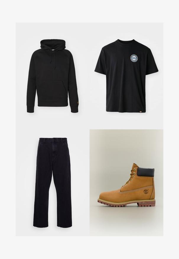 Zwarte hoodie van zacht materiaal, met een voorzak, verstelbare koord en geribde manchetten. Glad oppervlak met minimale detaillering.; Zwarte katoenen t-shirt met een rond logo op de borst. Korte mouwen en een ronde halsontwerp met een rechte snit aan de onderkant.; Zwarte denim broek met een rechte pijpdesign, voorzien van een knoop- en ritssluiting, riemlussen en minimale stikdetails.; Bruine leren enkellaars met zwarte kraag, gele veters en een zandkleurige zool. Voorzien van een logo en witte stikseldetails. Robuuste loopzool met grip.