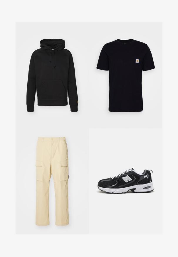 Sort hættejakke i blødt stof, med en frontlomme, justerbar snor og ribbede manchetter. Glat tekstur med minimal detaljer.; Sort bomulds T-shirt med korte ærmer, rund hals og en brystlomme, der har et lille, kvadratisk logo-patch. Enkel, ensfarvet design.; Beige cargo bukser lavet af stof med elastisk talje og knaplukning. Har to sidelommer og et enkelt design.; Sorte og grå sportssko med mesh og ruskind på overdelen, der har en hvid mellemsål, snørebånd og et iøjnefaldende "N" logo på siden.