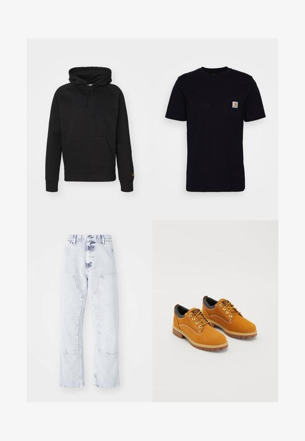 Haut à capuche noir en tissu doux, avec une poche avant, un cordon de serrage ajustable et des poignets côtelés. Texture lisse avec un minimalisme dans les détails.; T-shirt en coton noir à manches courtes, col rond et poche poitrine avec un petit patch logo carré. Design simple et uni.; Jeans en denim bleu clair, coupe droite, avec poches plaquées, taille haute et finition délavée. Présente des coutures ton sur ton et une coupe décontractée.; Chaussures en daim marron avec un bout rond, des lacets jaunes, un col rembourré noir et des semelles en caoutchouc avec des rainures de traction.