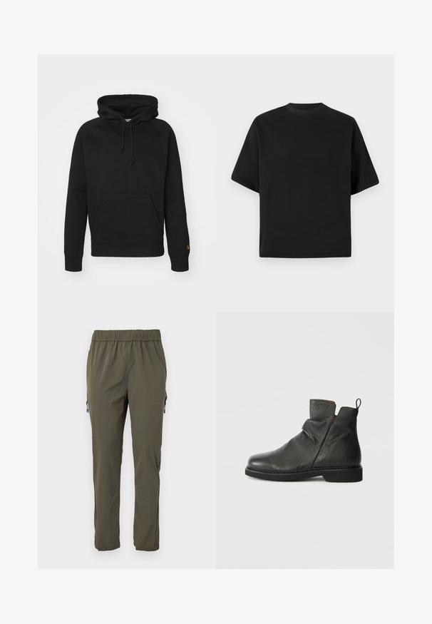 Sort hættejakke i blødt stof, med en frontlomme, justerbar snor og ribbede manchetter. Glat tekstur med minimal detaljer.; Sort T-shirt med kortærmer i løs pasform, lavet af glat bomuld, med rund halsudskæring og minimalistisk design.; Olivenfarvede, letvægtsbukser med elastisk talje og to lynlåslommer i siden. Tapered design med en glat tekstur.; Sorte læder ankelstøvler med rund tå, slouch-design, bageste trækflap og flad gummisål. Minimalistiske syninger er til stede.