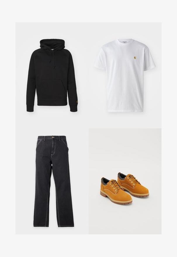 Sort hættejakke i blødt stof, med en frontlomme, justerbar snor og ribbede manchetter. Glat tekstur med minimal detaljer.; Hvid bomulds t-shirt med korte ærmer, rund hals og et lille guld logo på venstre brystområde. Blød tekstur og almindelig pasform.; Sorte jeans med lige ben, forlommer, bæltestropper og synlige hvide syninger på en ensfarvet lys grå baggrund.; Brune ruskindssko med rund tå, gule snørebånd, en polstret sort krave og gummisåler med skridsikre riller.