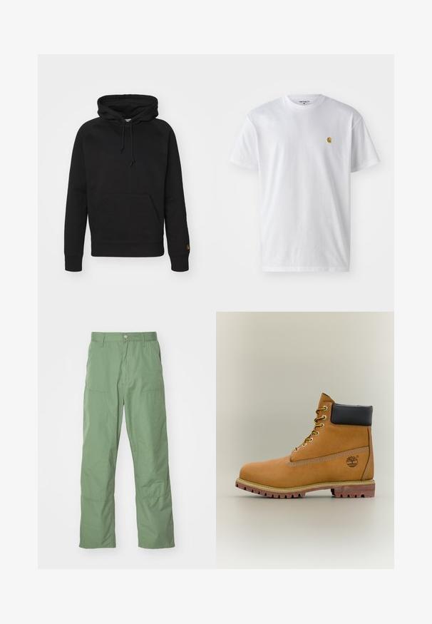Sort hættejakke i blødt stof, med en frontlomme, justerbar snor og ribbede manchetter. Glat tekstur med minimal detaljer.; Hvid bomulds t-shirt med korte ærmer, rund hals og et lille guld logo på venstre brystområde. Blød tekstur og almindelig pasform.; Lysgrønne, afslappede bukser med en glat tekstur, der har sidelommer og synlige syninger. Hel længde med et lige ben-design.; Brun læderankelstøvle med sort krave, gule snørebånd og tanfarvet sål. Har logo og hvide syninger som detalje. Robust ydersål med greb.