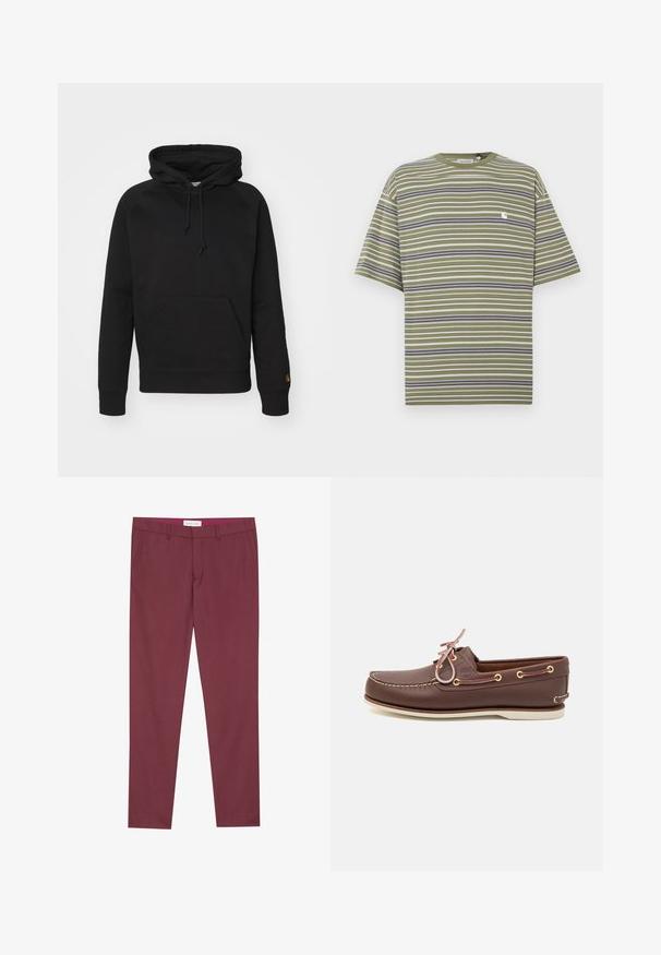 Sort hættejakke i blødt stof, med en frontlomme, justerbar snor og ribbede manchetter. Glat tekstur med minimal detaljer.; Kortærmet t-shirt med striber i olivengrøn med vandrette hvide, marineblå og grå striber; har en lille hvid logo på brystet.; Burgunderfarvede skræddersyede bukser lavet af glat stof, med vinklede sidelommer, flad front og slim fit.; Brune læder bådsko med beige gummisål, prydet med gyldne snørehuller, klassisk snørebånd og synlig syning langs den øverste kant.
